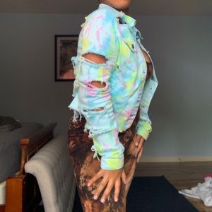 Rainbow distressed jean jacket made to order